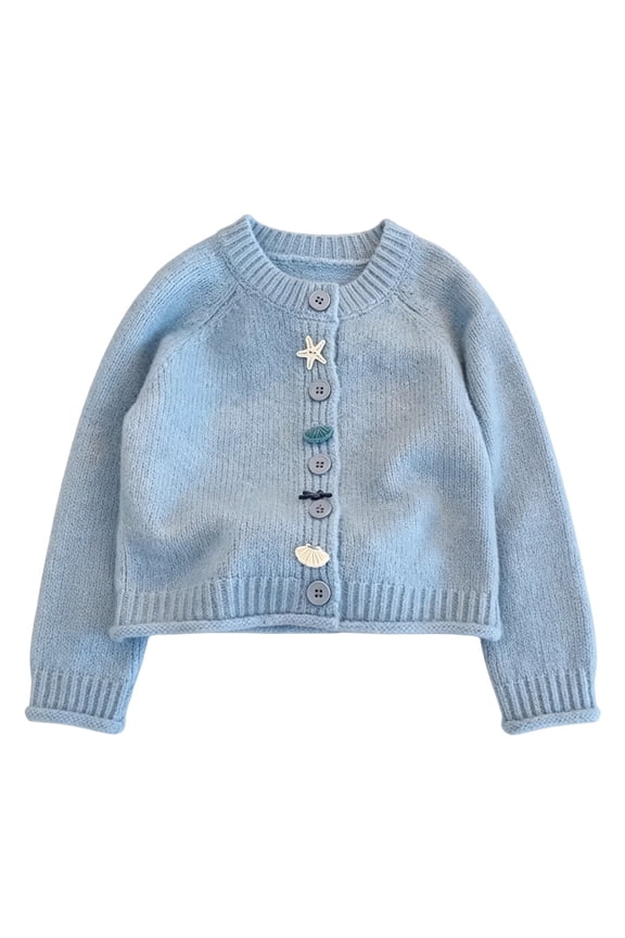 Girls Cardigan Cute Shell Starfish Button Long Sleeve Knitwear Outerwear Kids Fall Winter Chunky Sweater Fashion Versatile