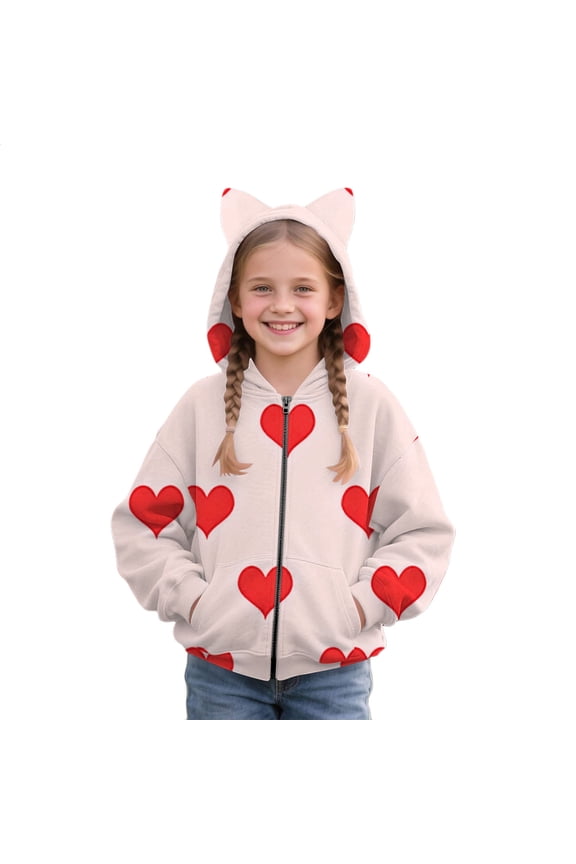 Girls Cat Ear Hoodies Heart Print Full Zip Hooded Jacket Cute Valentines Day Sweatshirt Cozy Fleece Coat Trendy Coat Sweaters
