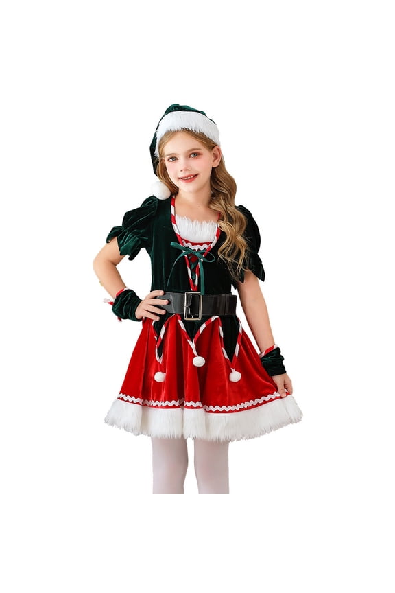 Girls Christmas Set Candy Canes Edge Trim Velvet Tops Red Dresses with Hat Wrist Decor Santa Set for Xmas Festival Outfit