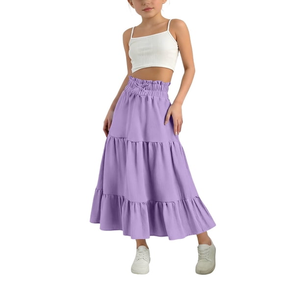 YunPes Girls Cotton Linen Midi Skirts Drawstring A Line 𝐅lowy Swing Elastic Waist B𝐨ho Skirt Teen Vintag𝐞 Casual Beach Skirt