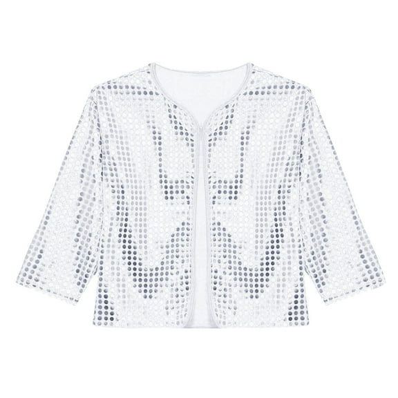 YunPes Girls Cropped Sequin Cardigan 3/4 Sleeve Open Front Jacket Kids Fashion Lightweight Party Evening Outerwear