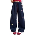 thumbnail image 1 of YunPes Girls' Cute Flowers Embroidered Trousers Oversized Wide Leg Pants Casual Drawstring Elastic Sweatpants for School Streetwear, 1 of 8