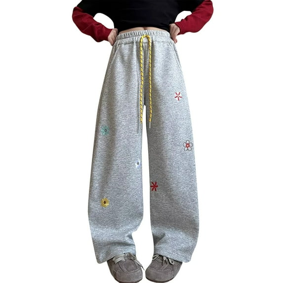 YunPes Girls' Cute Flowers Embroidered Trousers Oversized Wide Leg Pants Casual Drawstring Elastic Sweatpants for School Streetwear