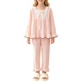 thumbnail image 1 of YunPes Girls Cute Loungewear Set Lace Trim Square-Neck Bubble Crinkle Blouse and Ruffle Pants Kids Soft Lightweight Spring Fall Outfits, 1 of 6