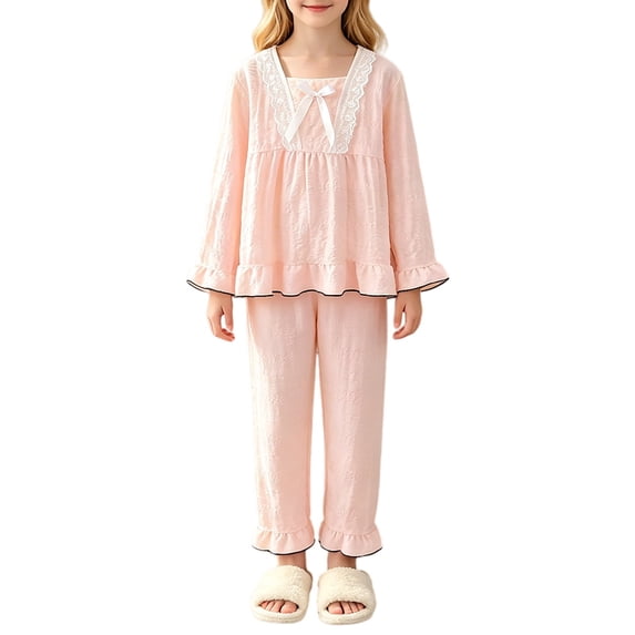 YunPes Girls Cute Loungewear Set Lace Trim Square-Neck Bubble Crinkle Blouse and Ruffle Pants Kids Soft Lightweight Spring Fall Outfits