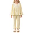 thumbnail image 1 of YunPes Girls Cute Loungewear Set Lace Trim Square-Neck Bubble Crinkle Blouse and Ruffle Pants Kids Soft Lightweight Spring Fall Outfits, 1 of 6
