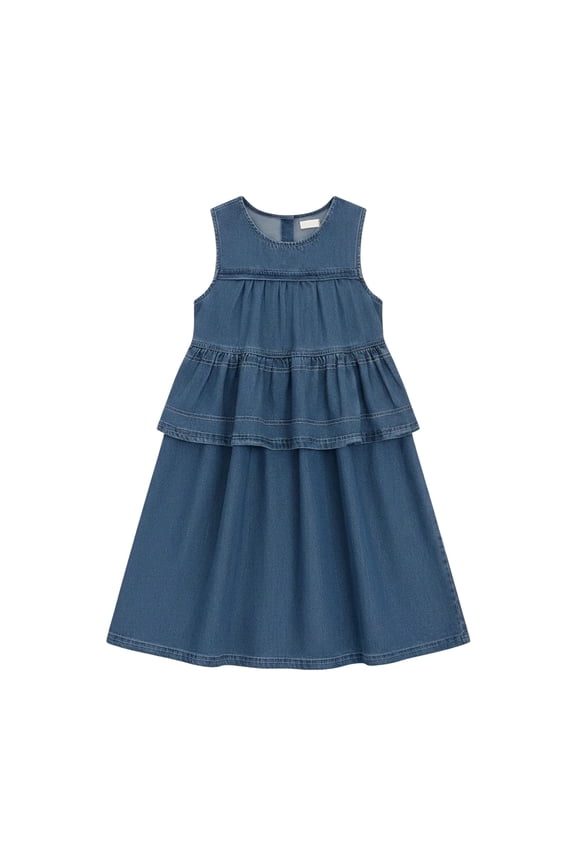 Girls Denim Dress Sleeveless A-Line Dress Tiered Ruffle Flowy Sundress Summer Fashion Maxi Dress for Toddler & Teen