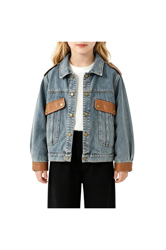 Girls Denim Jacket Button-Down Long Sleeve Collar Jean Outerwear Leather Patchwork Teen Trendy Vintage Cropped Coat
