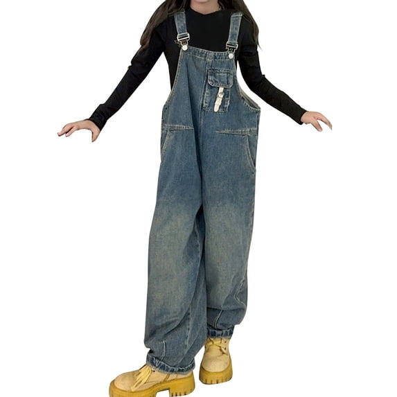 YunPes Girls Denim Overalls Teen Jean Dungarees Pants with Buttons Kids Sleeveless Straight Jeans Jumpsuit Bib Long Rompers
