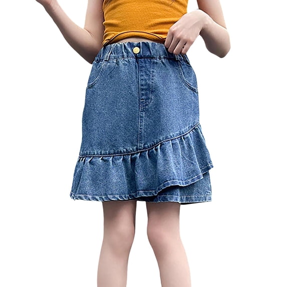 YunPes Girls Denim Skirt with Ruffles Hem Knee Length Elastic Waist A-Line Jean Skorts Kids Asymmetric Hem Fashion Short Skirt