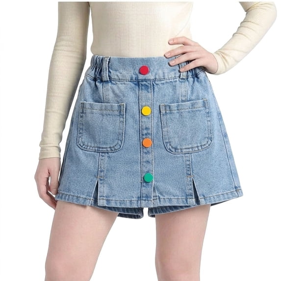 YunPes Girls Denim Skorts Elastic Hight Waist Colorful Button Front A-Line Jean Skirt with Built-in Shorts Kids Fashion Clothes