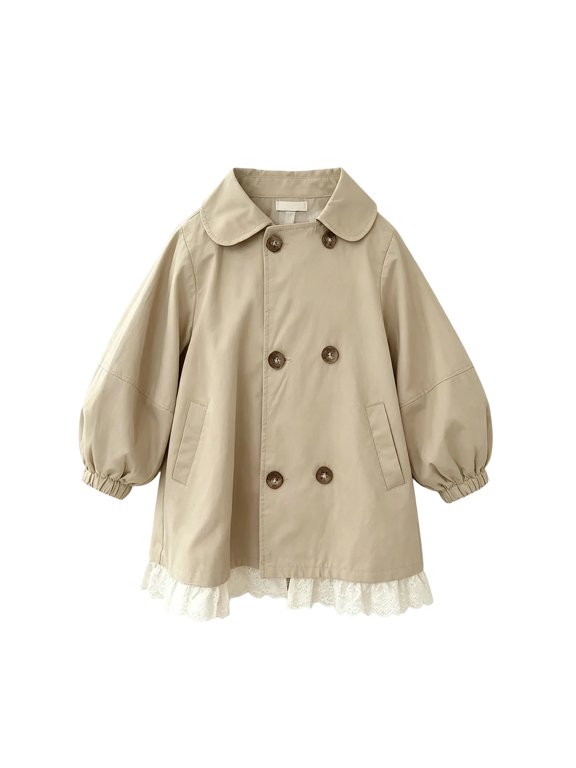 Girls Double-Breasted Trench Coat Peter Pan Collar Puffy Sleeve Jacket Coat Lace Cute Lace Hem Teen Spring Fall Fashion Overcoat