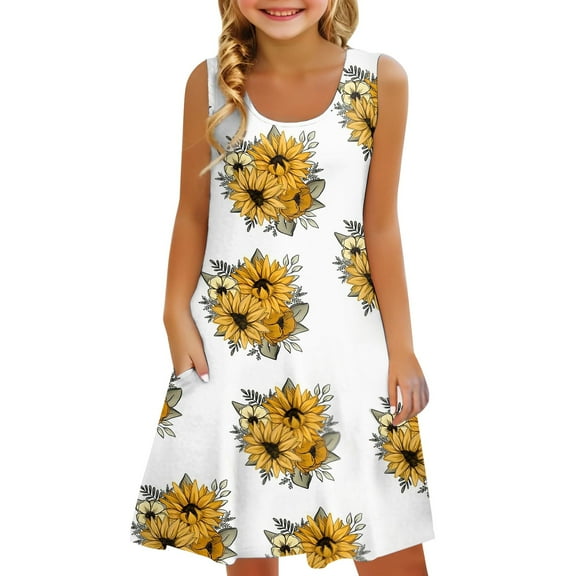 YunPes Girls Dress Summer Sleeveless Comfortable Casual Dress Floral Print Children's Wear Vest Dress with Pockets Kid Rompers for Girls