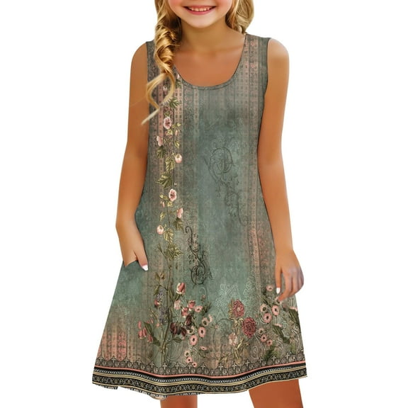 YunPes Girls Dress Summer Sleeveless Comfortable Casual Dress Floral Print Children's Wear Vest Dress with Pockets Kid Rompers for Girls