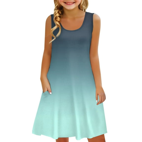 YunPes Girls Dress Summer Sleeveless Comfortable Casual Dress Gradient Print Children's Clothing with Pocket Vest Dress Girls Skirts