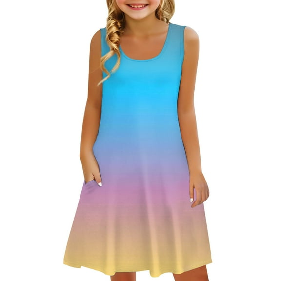 YunPes Girls Dress Summer Sleeveless Comfortable Casual Dress Gradient Print Children's Clothing with Pocket Vest Dress Girls Skirts