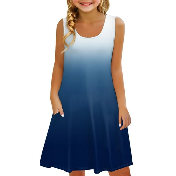 YunPes Girls Dress Summer Sleeveless Comfortable Casual Dress Gradient Print Children's Clothing with Pocket Vest Dress Girls plus Size Dresses