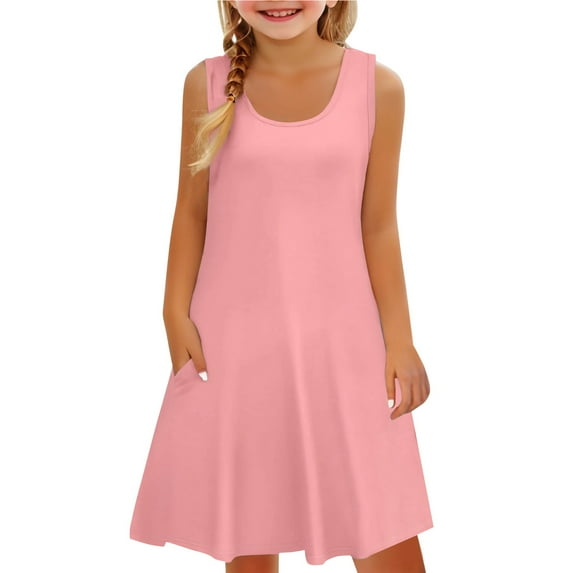 YunPes Girls Dress Summer Sleeveless Comfortable Casual Dress Solid Color Printed Children's Clothing with Pocket Vest Dress Clothes for Kids Girls