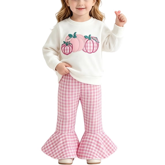 YunPes Girls Fall Matching Outfit Cute Pumpkin Embroidered Crewneck Sweatshirt & Gingham Flare Pants Halloween Kids Holiday Casual Play Wear Set