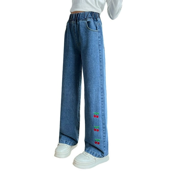 YunPes Girls Fashionable Slim Fit Cherry Decorated Straight Leg Jeans Bundle Girl Clothes