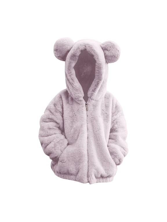 Girls Faux Fur Hooded Jackets Full Zip Plush Cute Bear Ear Hoodies Soft Cozy Fall Winter Fuzzy Warm Outwear for Kids
