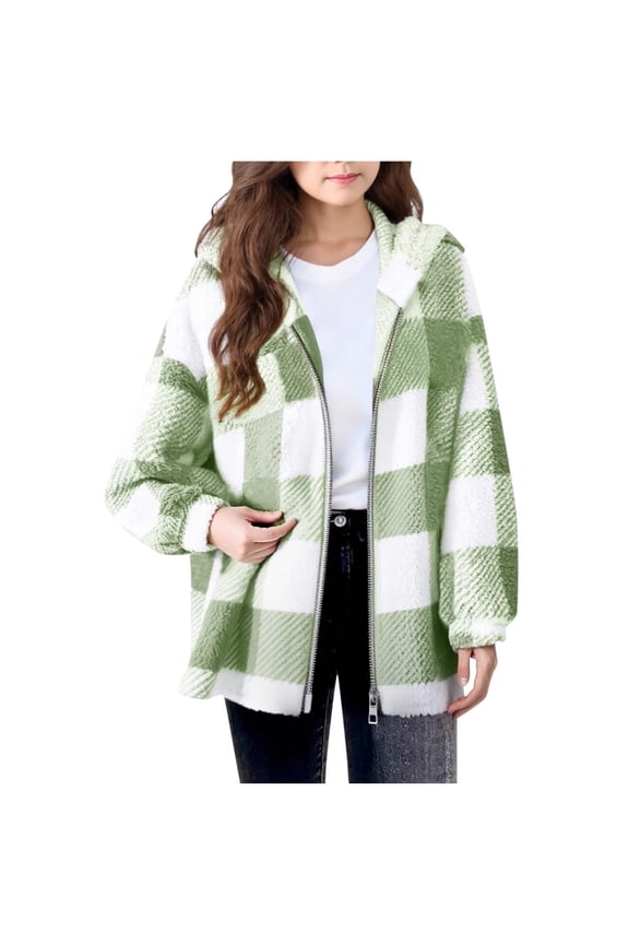 Girls Flannel Plaid Jacket Fleece Sherpa Zipper Hooded Jackets Kids Long Sleeve School Winter Warm Outwear with Pockets