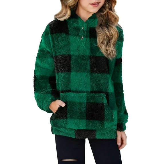 YunPes Girls Fleece Hoodies Bow Sherpa Fuzzy Pullover Sweatshirt Casual Kids Half Button Long Sleeve Winter Outwear Coat