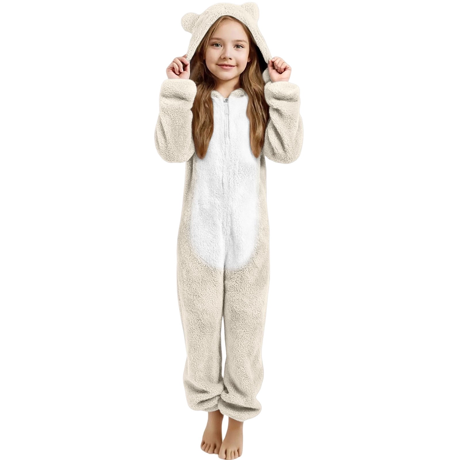 YunPes Girls Fleece Onesie Warm Animal Fleece Bed Jumpsuit Kids Cute Winter Plain Zip Up Long Sleeve Soft Fuzzy Bear Hooded Romper