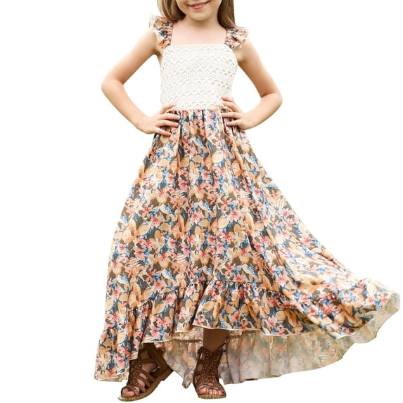 YunPes Girls Floral Dress Flutter Sleeve Crochet Eyelet Tops High-Low Ruffle Trim Boho Flowy Maxi Dress Summer Party Beach Outfits