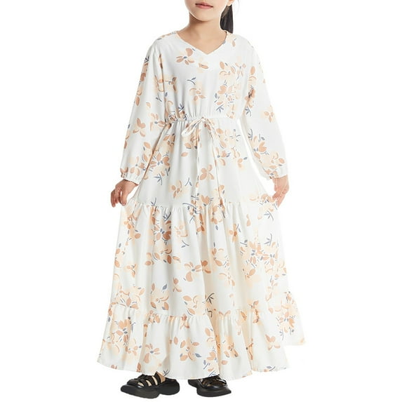 YunPes Girls Floral Dress Spring Summer and Autumn Long Sleeve Waist Middle and Large Children Cute Comfortable Long Dress Casual Dress