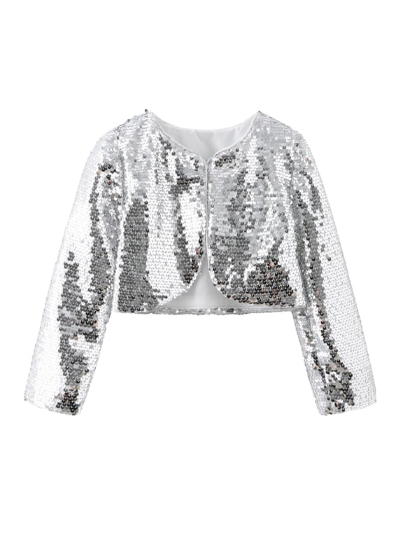 Girls Glitter Sequin Cardigan Jacket Teen Lightweight Sparkly Dance Shrug Cropped Coat Performance Stage Outwear