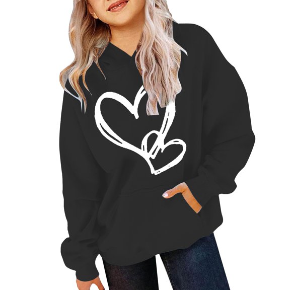 YunPes Girls Graphic Hooded Sweatshirt Long Sleeve Fleece Hoodies Preppy Heart Sweatshirts Cute Pullover Tops Thick Oversized Coats