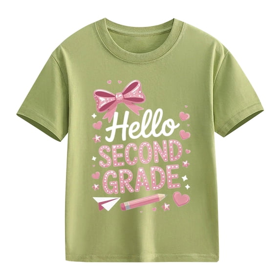 YunPes Girls Graphic Print T-shirt Hello Second Grade Cute Bow Fashion Short Sleeve Shirt Summer Back to School Clothes