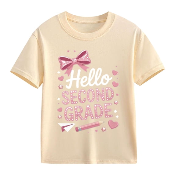 YunPes Girls Graphic Print T-shirt Hello Second Grade Cute Bow Fashion Short Sleeve Shirt Summer Back to School Clothes