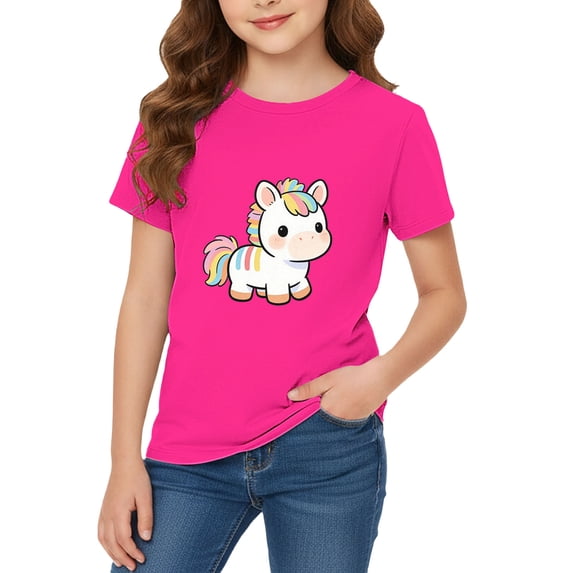 YunPes Girls Graphic Print Tees Rainbow Unicorn Crewneck Short Sleeve T-shirt Kawaii Pastel Summer Casual Basic Tops for Kids