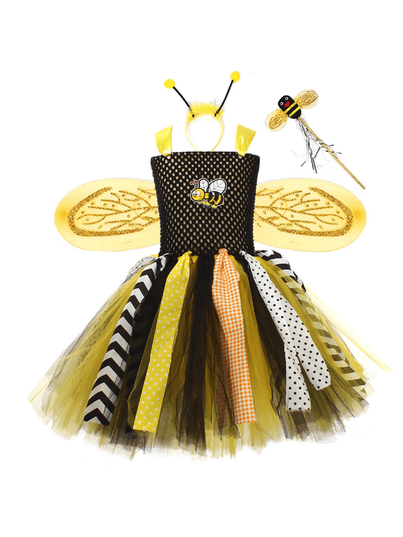 Girls Halloween Bee Outfit Sleeveless Tulle Tutu Dress with Wings + Headband Wand Cute Holiday Dress-Up Stage Performance Wear