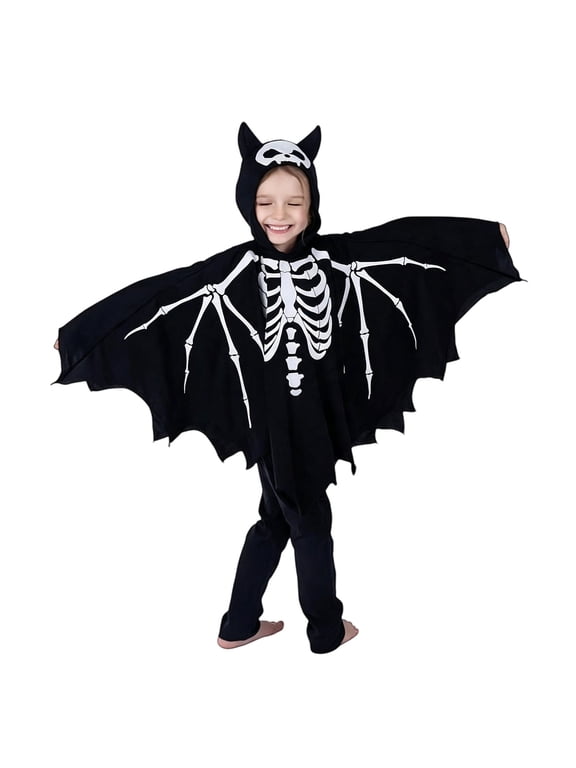 Girls Halloween Glow Bat Onesie Spooky Skeleton Printed Bat Winged Long Sleeve Jumpsuit Kids Funny Dress Up Clothes for Carnivals Haunted House