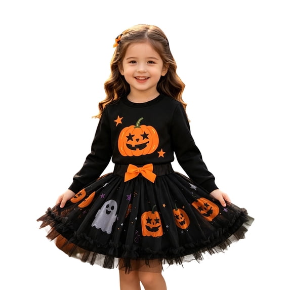 YunPes Girls Halloween Outfits 2-Piece Sets Jack O Lantern Crewneck