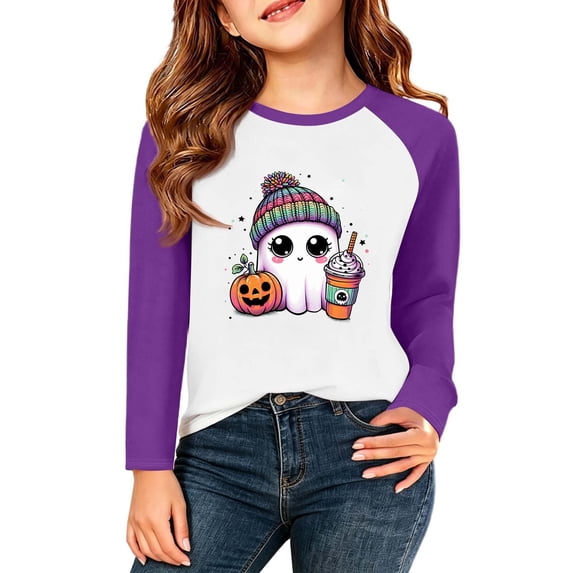 YunPes Girls Halloween T Shirts Long Sleeve Crewneck Print Tee Tops Cartoon Ghost Graphic Kids Cute Clothes 3-13 Years