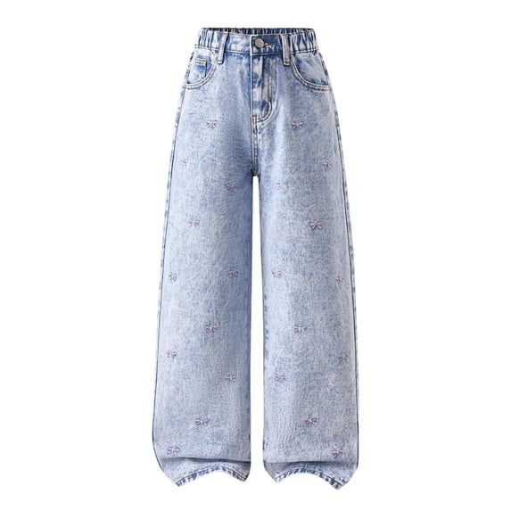 YunPes Girls High Waist Wide Leg Jeans Boho Floral Embroidered Denim Pants Cute Spring Trendy Trousers Distressed Washed Denim Jeans