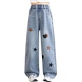thumbnail image 1 of YunPes Girls High Waist Wide Leg Jeans Boho Floral Embroidered Denim Pants Cute Spring Trendy Trousers Distressed Washed Denim Jeans, 1 of 9