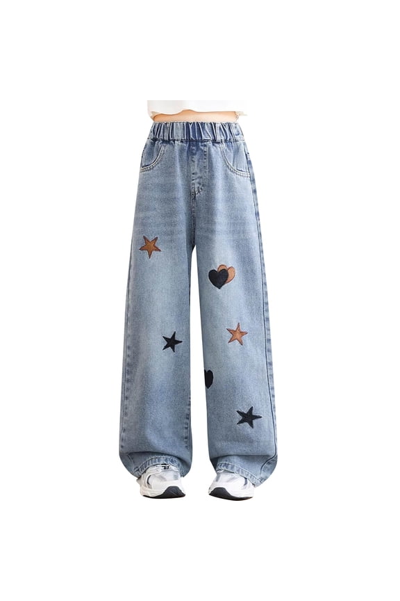 Girls High Waist Wide Leg Jeans Boho Floral Embroidered Denim Pants Cute Spring Trendy Trousers Distressed Washed Denim Jeans