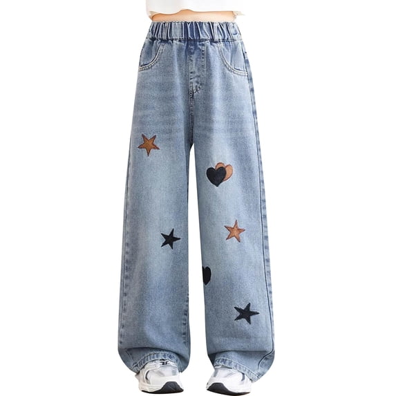 YunPes Girls High Waist Wide Leg Jeans Boho Floral Embroidered Denim Pants Cute Spring Trendy Trousers Distressed Washed Denim Jeans