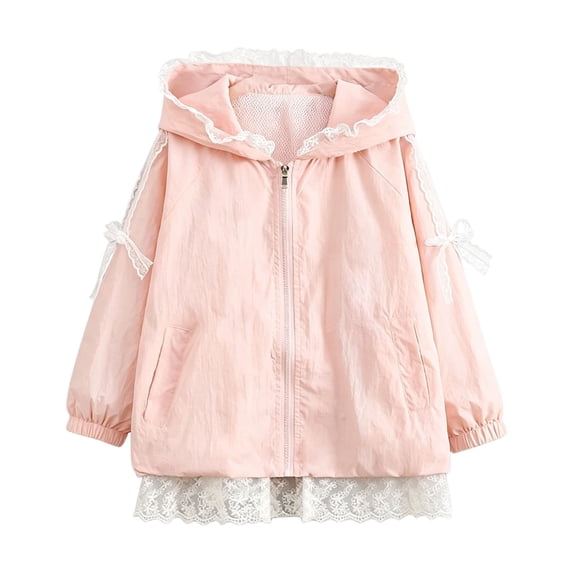 YunPes Girls Hooded Jacket Ruffle Lace Trim Zip-Up Windbreaker Coat Mesh Inner Lightweight Cozy Fall Cute Outerwear for Kids