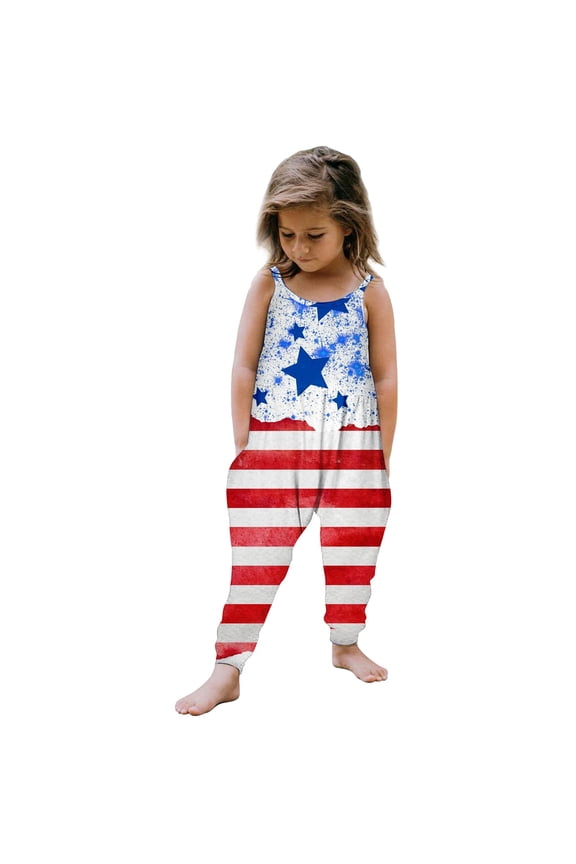 Girls Jumpsuit Summer Independence Day Clothing Strapless Personalized Printing Retro Comfortable Casual Jumpsuit First Birthday Romper
