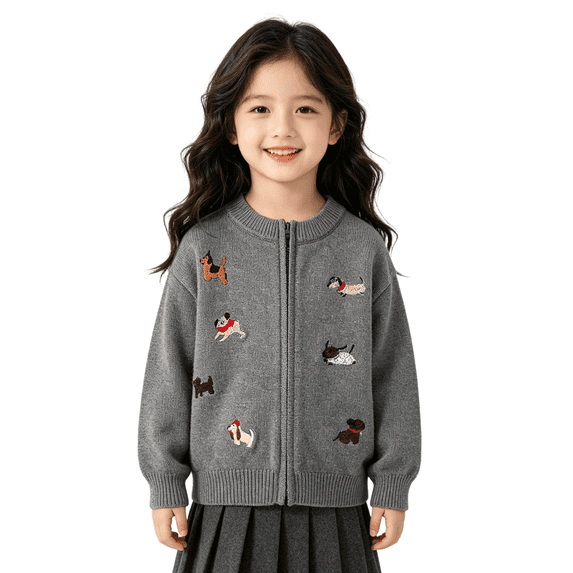 YunPes Girls Knit Cardigan Cartoon Dog Embroidery Full Zip Sweaters Jacket Kids Soft Cute Knitwear Tops Fall Winter Outerwear