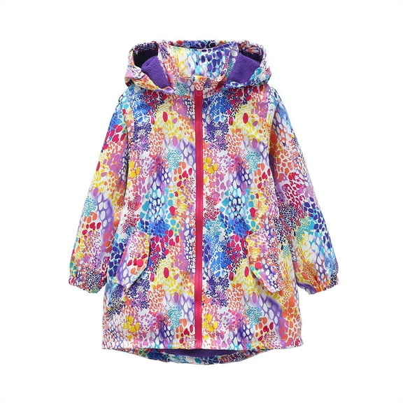 YunPes Girls Long Fleece Lined Jacket Colorful Pattern Hooded Windproof Warm Coat with Pockets Teen Winter Outdoor Windbreaker