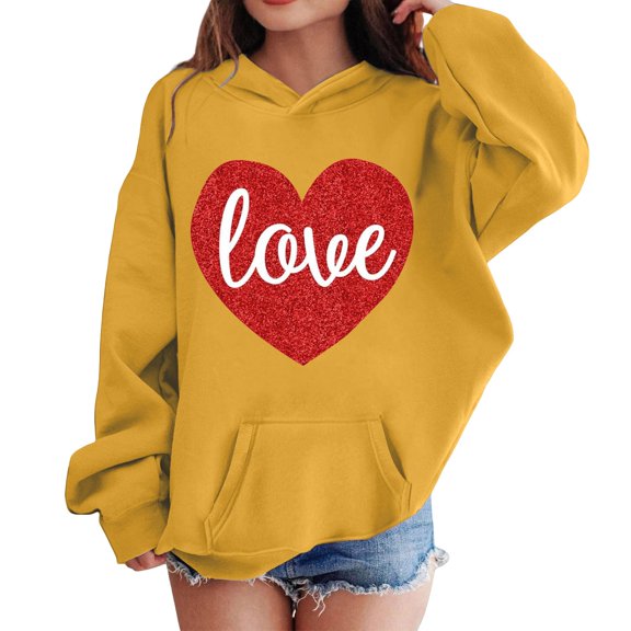YunPes Girls Oversized Sweatshirts with Hood Cute Heart Graphic Long Sleeve Fashion Fleece Pullover Fall Winter Warm Clothes for Kid