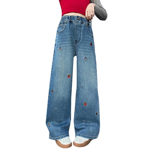 YunPes Girls Pants Spring and Autumn Wide Leg Straight Fashionable Casual Girls Jeans Softball Pants Girls