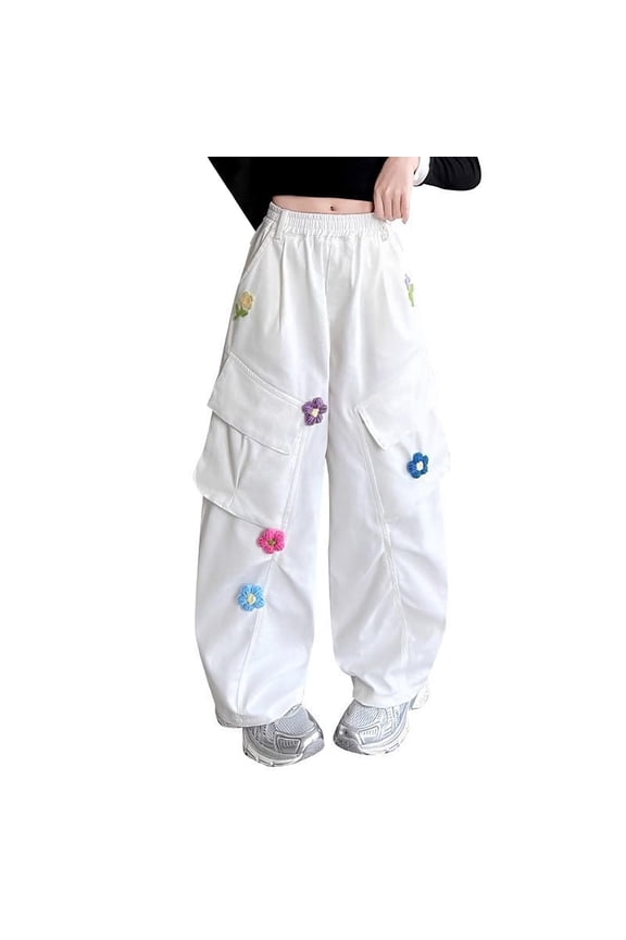 Girls Parachute Cargo Pants Elastic High Waist Wide Leg Pants Youth Kids Streetwear Hip Hop Dance Trousers with Flowers